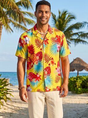 NWT | CROMONCENT Yellow Tropical Floral Pineapple Hawaiian Shirt | XL